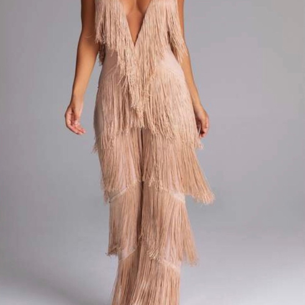 Meshki nude fringe jumpsuit
